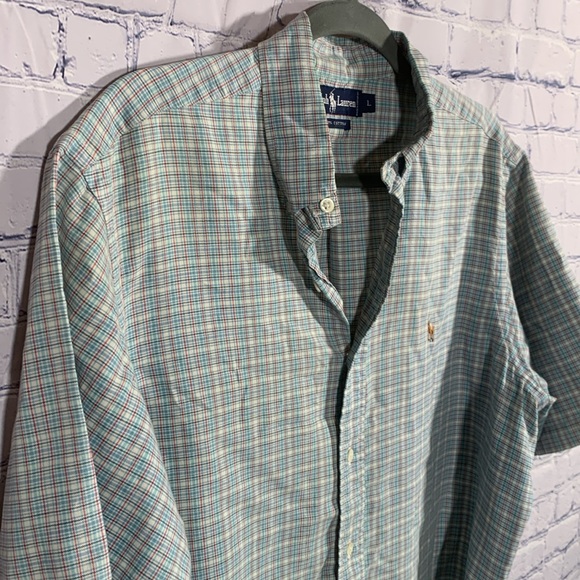 Ralph Lauren Mens Vintage Plaid Short Sleeve Button Down Shirt Green Blue Size L - Picture 2 of 5